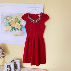Red Party Dress with Silver Accents